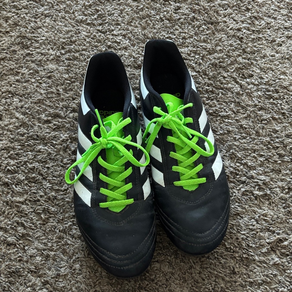 Adidas Black and White Cleats with Neon Green Laces